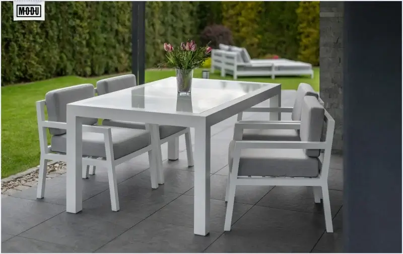 Meble ogrodowe Śląsk stol tarasowy aluminiowy bialy z krzeslami 1
