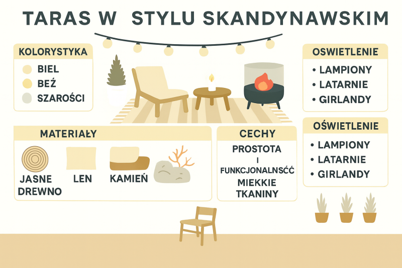 Infografika przedstawiająca najważniejsze cechy stylu skandynawskiego na tarasie.