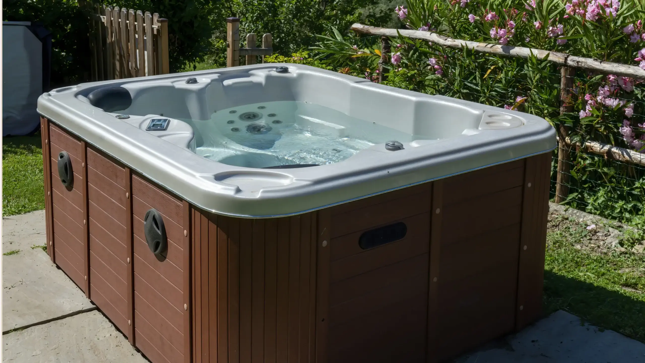 Nowoczesne jacuzzi ogrodowe z drewnianą obudową i srebrną niecką, ustawione na kamiennej posadzce w otoczeniu zieleni i kwitnących krzewów.