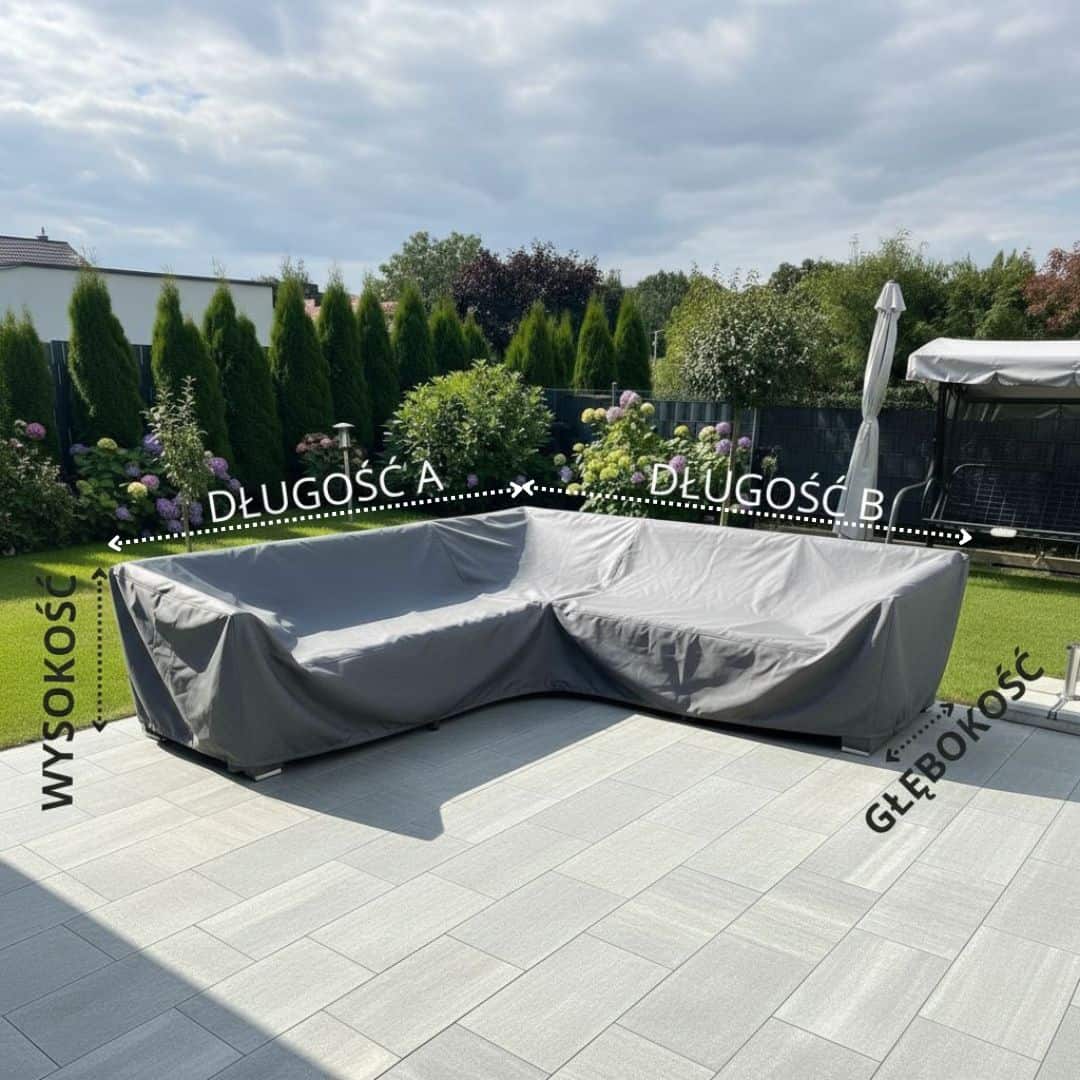 Narożna sofa ogrodowa pokryta szarym pokrowcem, ze strzałkami i tekstem wskazującymi wymiary: DŁUGOŚĆ A, DŁUGOŚĆ B, WYSOKOŚĆ i GŁĘBOKOŚĆ.