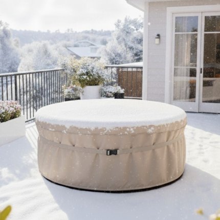 beżowy pokrowiec ochronny na meble ogrodowe okrągłe