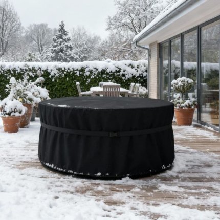 pokrowiec ochronny okrągły w kolorze czarnym na meble ogrodowe chroniący przed zimą