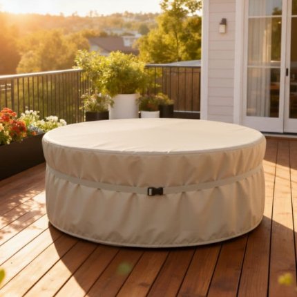 pokrowiec ochronny na meble okrągłe ogrodowe na dużym tarasie