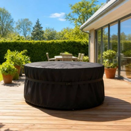 Pokrowiec ochronny na meble okrągłe na tle tarasu przy domku jednorodzinnym