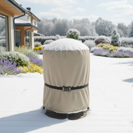 Pokrowiec beżowy na okrągłego grilla, na tarasie przydomowym chroniący grill w zimę