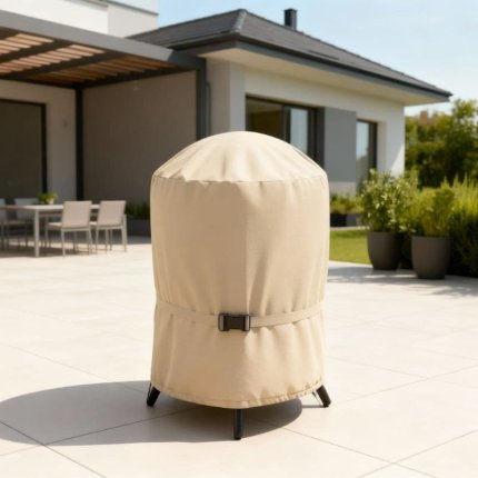 beżowy pokrowiec ochronny na grilla okrągłego na taras
