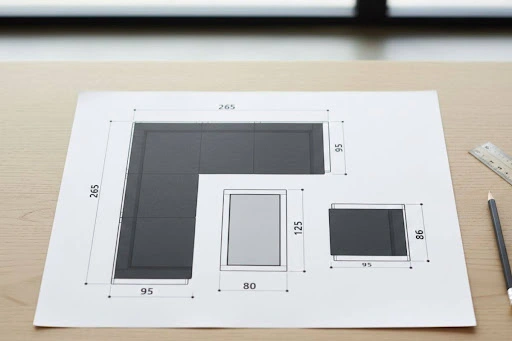 Projektowanie mebli ogrodowych – szkic techniczny zestawu naroznego